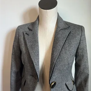 EXPRESS Tweed Blazer Y2K Suit Jacket Black & White Sz O Cropped Fitted thumbnail 2