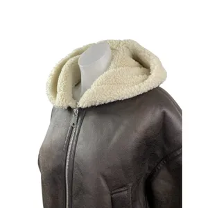 Stradivarius Women's Brown Fleece Sherpa Hoodie Full Zip Faux Leather Jacket L thumbnail 2