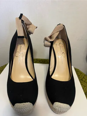 Jessica Simpson Black Wedge Espadrille Heels with Tan Ankle Wraps thumbnail 2