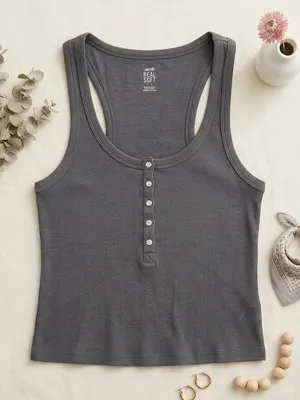 Aerie‎ Real Soft Ribbed Henley Tank Top Gray Size L Altered Raw Hem Crop thumbnail 1
