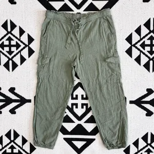 Aerie Linen Blend Paperbag Waist Cargo Joggers in Army Green Small thumbnail 5