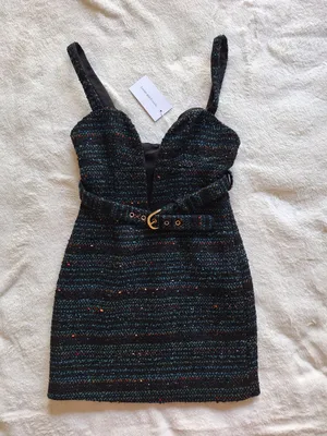 NWT Lovers and Friends Luz Tweed Mini Dress XS Black Blue Multi Belted Revolve thumbnail 3