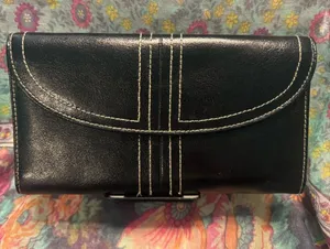 Buxton Black Leather Wallet with Cream Stitching Detail thumbnail 1