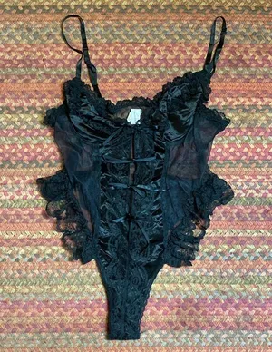 Vintage Sexy Black Lace Tie Front Ruffle Trim Bodysuit thumbnail 1