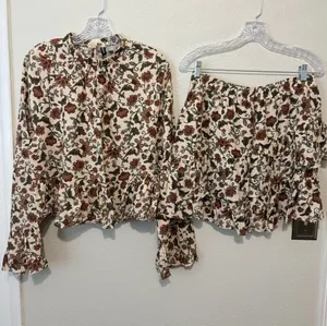 Cream Floral Ruffle Skirt Set with Brown and Green Print thumbnail 1