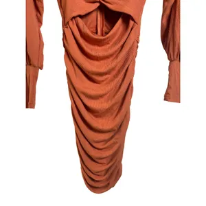 Hello Molly Dress Small Long Sleeve Cutout Ruched Mini Burnt Orange Ribbed Twist thumbnail 5