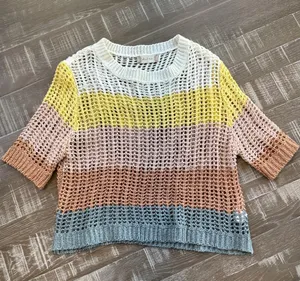 Altar’d State woven short sleeve sweater S Color Block Open Weave Cream Pink thumbnail 1
