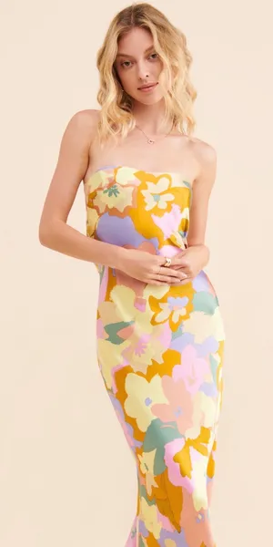 ASTR The Label Annabeth Satin Strapless Midi Dress Lime Rust Floral thumbnail 1