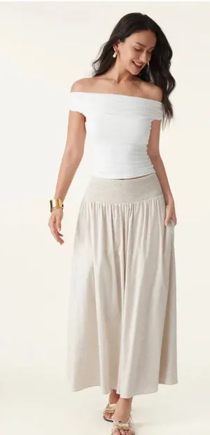 New OGL Women's Size S Ivory Beige European Smocked Waist Skirt With Pockets thumbnail 1