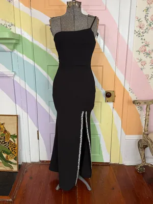 Lulu’s Absolutely Sensational Black Rhinestone One-Shoulder Maxi Dress Sz S 💚🍄 thumbnail 4