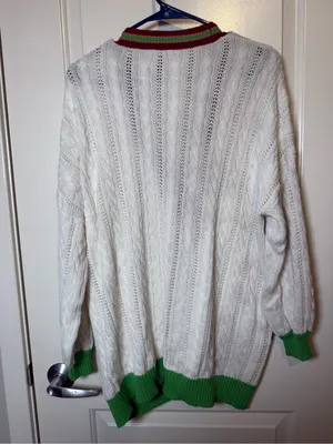 Forever 21 Oversized Cable Knit Varsity Cardigan Cream Red Green Size Small thumbnail 4