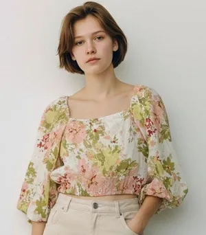 L Top Blouse Calypso St. Barth floral puff sleeve cropped Romantic Croquette thumbnail 1