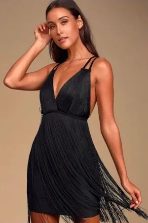 Shake it Out Black Fringe Bandage Mini Dress NWT black thumbnail 1
