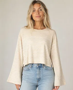 rag & bone Striped Long Sleeve Top Womens LG Beige White Bell Sleeve Jersey‎ thumbnail 1