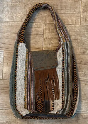 Bohemian Style Hobo Bag, Woven Pattern, Fringe Details And Slouchy Shoulder Strap thumbnail 1