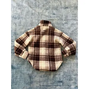 Crave Fame Chocolate Brown Cream Plaid Button Front Faux Sherpa Shacket Junior M thumbnail 2