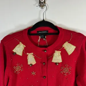 All Points Red Christmas Cardigan Sweater‎ Gold Bells Beaded Snowflakes Large thumbnail 2