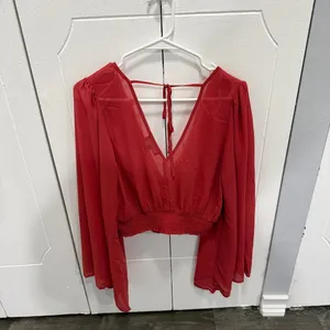 NWOT Lulus Loving Aura Coral Red Smocked Long Flutter Sleeve Top thumbnail 4