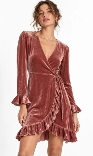 IVIVI Velvet Wrap Mini Dress Women S Dusty Rose Pink Ruffle Long Sleeve NWT thumbnail 1