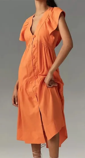 Anthropologie Orange Flutter Sleeve Button Front Midi Dress XS thumbnail 1