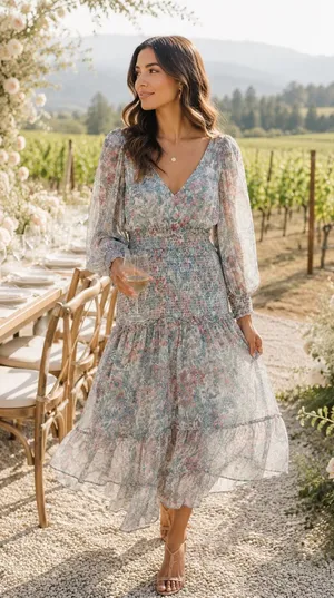 LoveShackFancy Floral Smocked Waist Tiered Midi Dress Sage Green XS thumbnail 1
