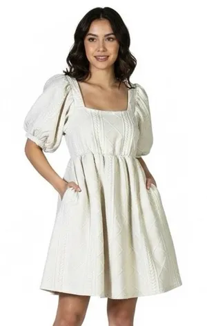 Listicle Cable Knit Diamond Puff Sleeve Babydoll Dress Cream Romantic Size S thumbnail 1