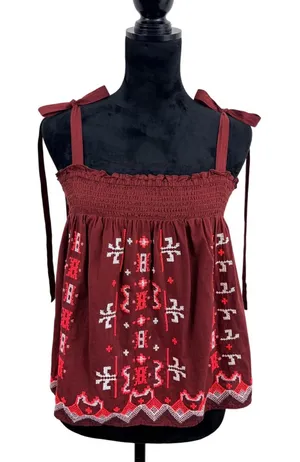 Anthropologie Burgundy Embroidered Smocked Tie‎ Strap Boho Cami Top SM Peasant thumbnail 1