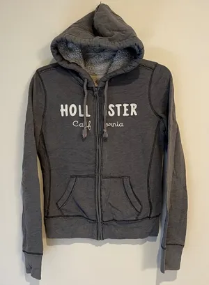 VTG Y2K Hollister Hoodie Sweatshirt Full Zip Fleece Sherpa Lined Gray Size Small thumbnail 1