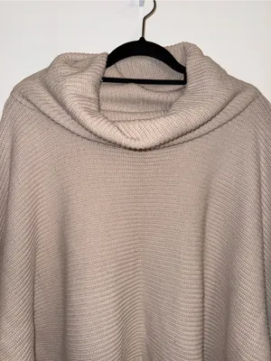 Cozy Taupe Cowl-Neck Women's Sweater Poncho thumbnail 2
