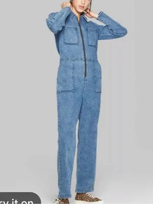 Wild Fable long sleeve denim western one piece collared jumpsuit zip front XS thumbnail 5