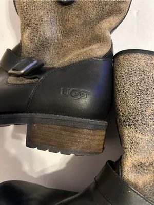 UGG Black Leather & Taupe Suede Mid-Calf Buckle Boots thumbnail 3