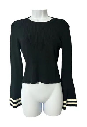 CAARA Black Ribbed‎ Knit Bell Sleeve Sweater Slightly Cropped Top Size S thumbnail 1