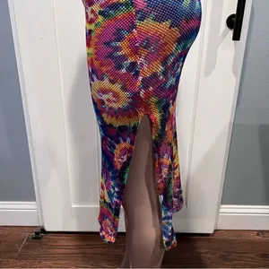 NYC women’s L mesh swim coverup Multicolor Knit Fabric Tye dye side slit thumbnail 8