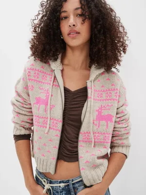 American Eagle Elk Zip Up Hooded Knit Sweater Pink & Cream Fair Isle Motif Sz S thumbnail 1