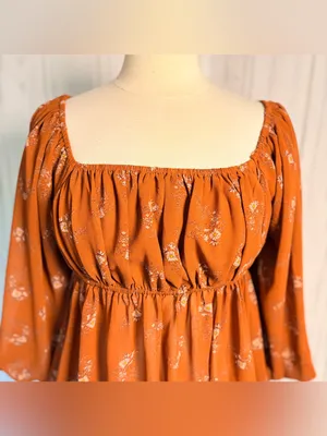 EASEL 3/4-Balloon Sleeve Floral Babydoll Style Blouse, Medium, Amber Cottagecore thumbnail 2