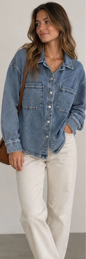Jane + Delancey Women Large Blue Acid Wash Cotton Blend Knit Denim Shacket thumbnail 1