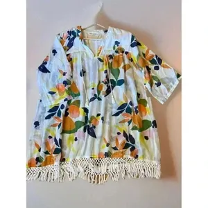 Roller Rabbit Tunic Top Serafina Fruit Print Cotton Gauze Fringe XL‎ Swim Resort thumbnail 2