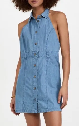 Free‎ People Sami Denim Halter Mini Dress Blue Size XS NWT Open Back thumbnail 1