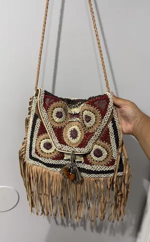 ibBan Anthropologie Beaded Boho Hobo Tote Shoulder Fringe Western Bag P thumbnail 1