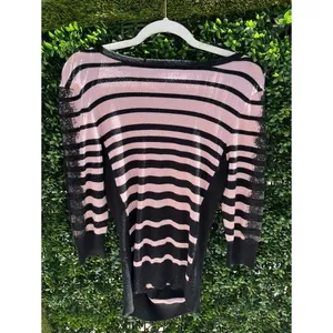 ByBy Women XL Pink Black Striped Lace Sleeve Knit Sweater Boat‎ Neck Pullover thumbnail 2