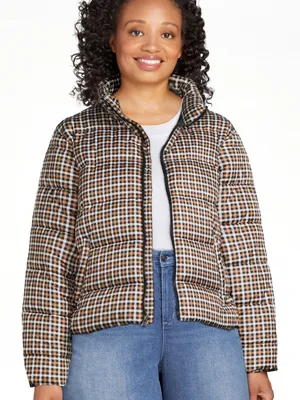 Time and Tru Brown White Black Check Plaid Cropped Puffer Jacket large thumbnail 1