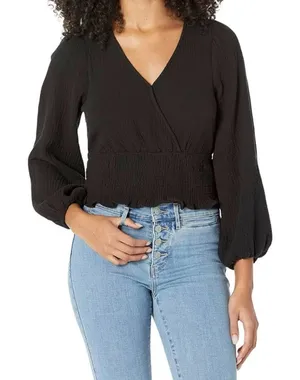 Madewell Black Lightspun Julianne Smocked-Waist Wrap Blouse - Size - 1X thumbnail 1