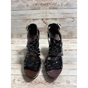 Tory Burch Annamarte Platform Wedge Sandals Size 6.5 Black Patent Leather Gold thumbnail 3