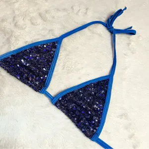 Royal Blue Sequin Triangle String Bikini Top Size Small thumbnail 4
