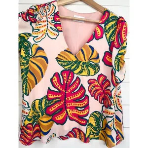 Adrienne Tropical Palm Print V-Neck Half Puff Sleeves Blouse Top Size Medium thumbnail 4