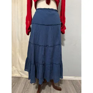 Chaps Maxy SKirt L‎ Navy Blue Crinkle Gauze Tiered Large Boho 100% Cotton Flowy thumbnail 4