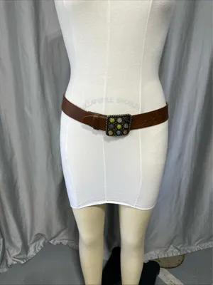 Vintage Lucky Brand Y2K Brown Studded Leather Crystal Buckle Belt Wide Western thumbnail 9