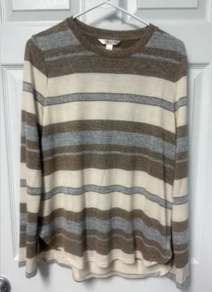 Banana Republic Men's Striped Crewneck Sweater - Brown, Gray, and Cream thumbnail 1