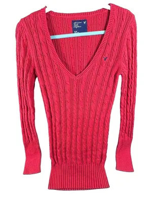 Y2K American Eagle V Neck Fitted Cable Knit Red Sweater Preppy Bella Swan Sz M thumbnail 1
