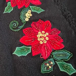 Black Poinsettia Embroidered‎ Long Sleeve V Neck Ugly Christmas Sweater Women thumbnail 3
